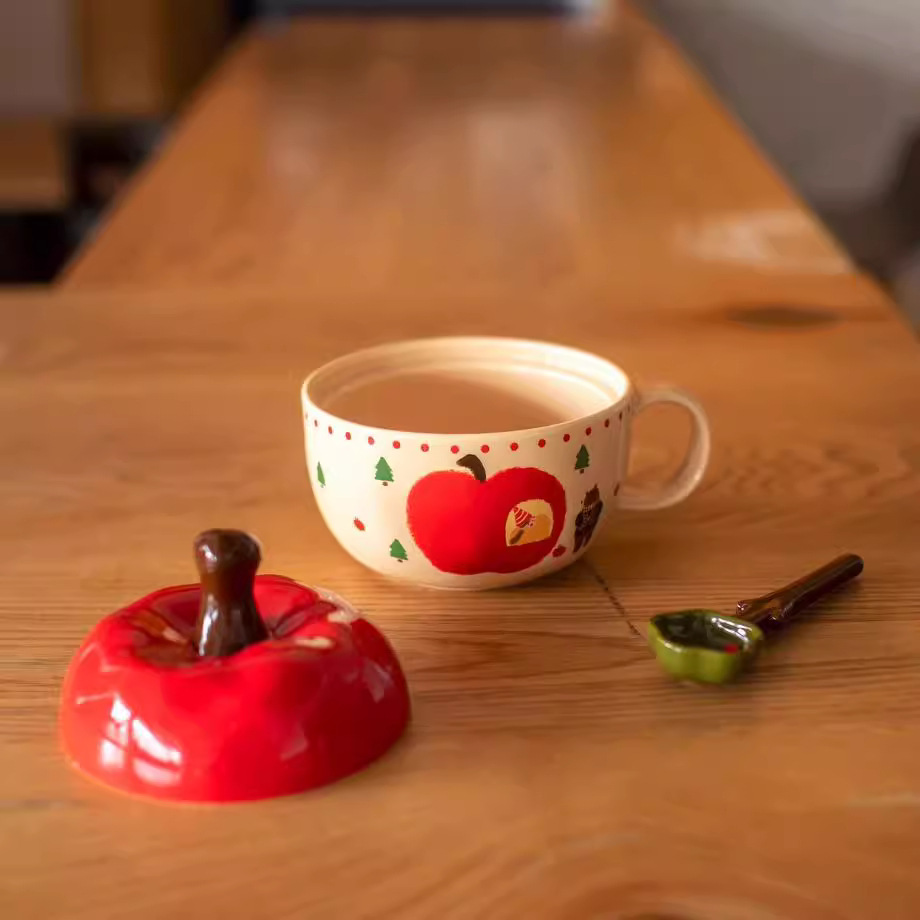 Creativo retro manzana de Navidad cerámica bolos de fideos de alto valor facial taza de avena de leche regalo de mano pareja bolos de sopa con cucharas image 2