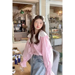 韩系甜美减龄撞色娃娃领衬衫女秋季2025新款宽松洋气长袖显瘦上衣