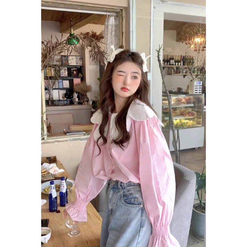 韩系甜美减龄撞色娃娃领衬衫女秋季2025新款宽松洋气长袖显瘦上衣|undefined