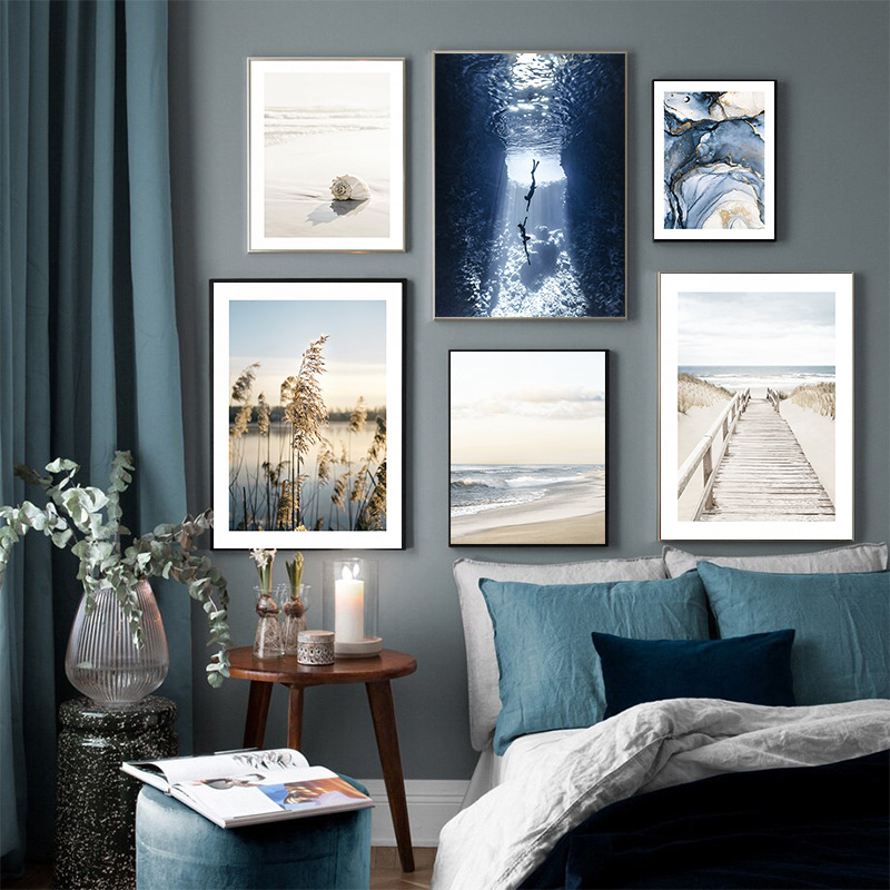 Landscape blue sea ins decorative painting modern simple ins hanging painting Nordic living room bedroom swing painting core wholesale