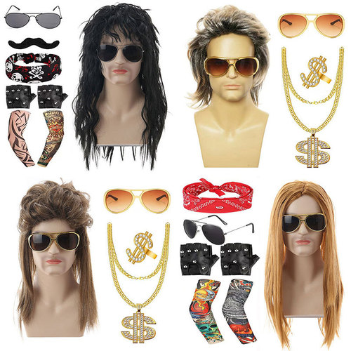 Halloween Cosplay Punk Heavy Metal 80s Disco Party Western Men's Hip-Hop Rock Wig Set