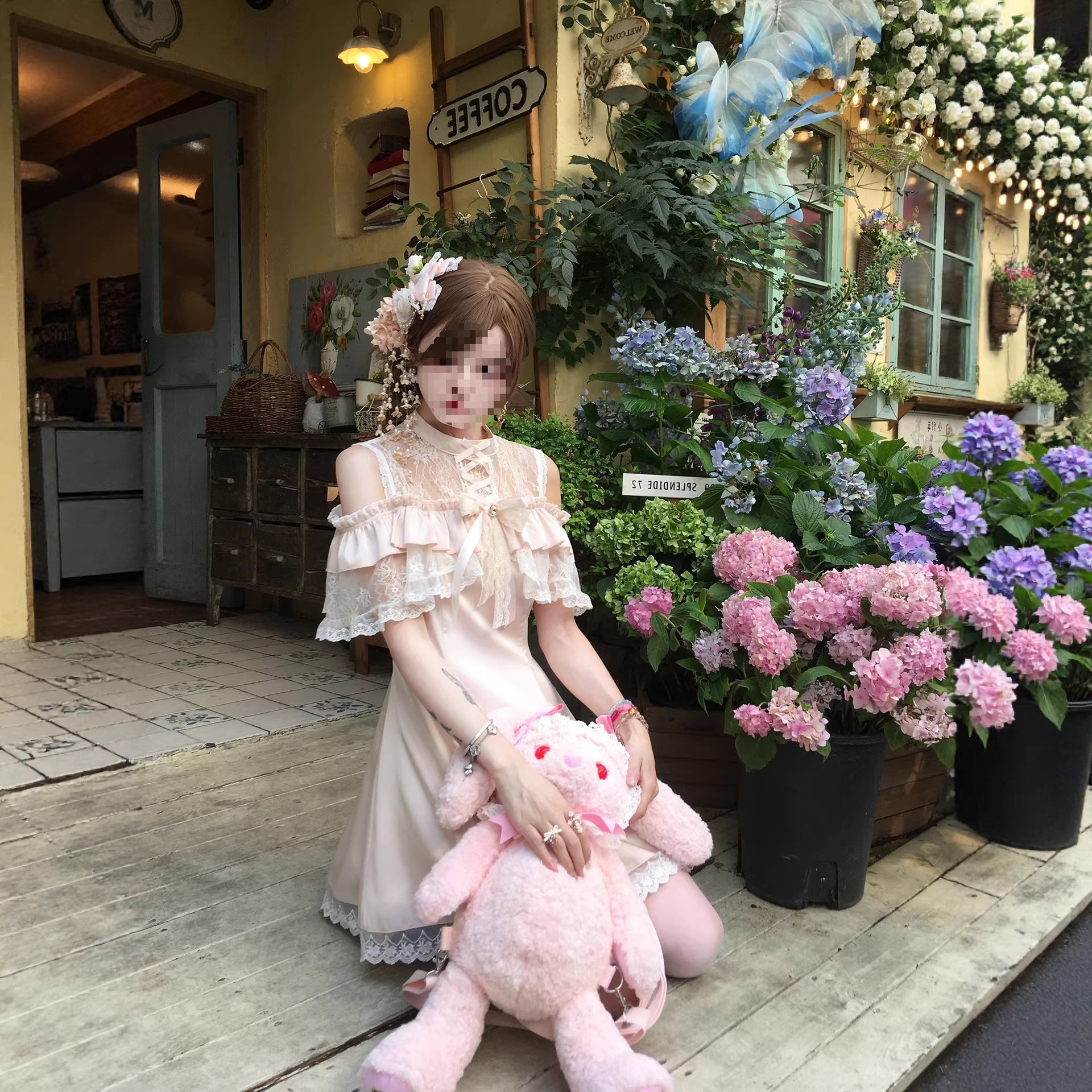 森女系原创想去海边 海芋珊瑚 清楚系粉蓝双子连衣裙