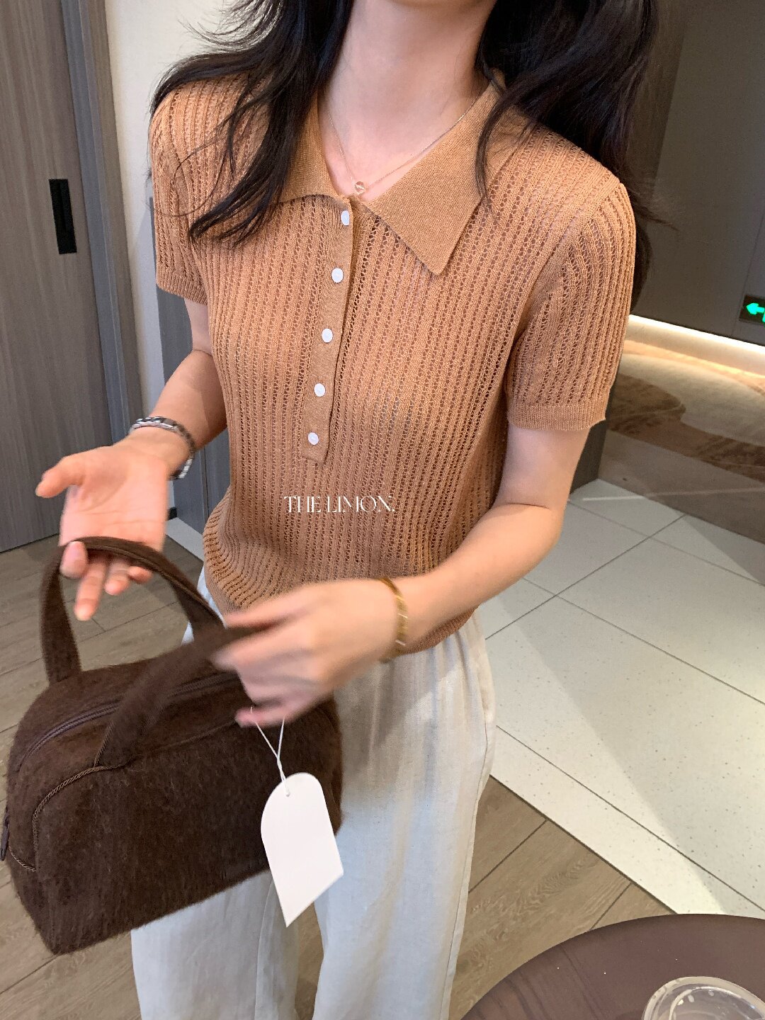 Áo thun polo nữ tay ngắn họa tiết ren Hàn Quốc 2026 mỏng nhẹ — màu nâu, Cà phê, xám đậm, Tên chi tiết 18