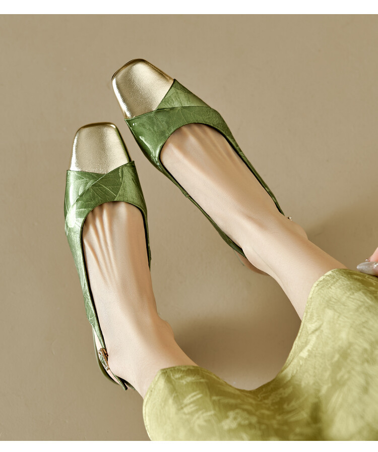 Sandal bít mũi nữ da bò phối màu gót thô 5 cm — Màu xanh lá, Màu mơ chi tiết 3