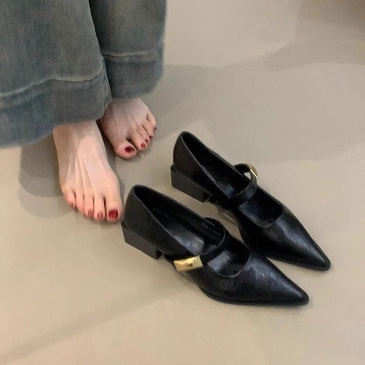 一字带小皮鞋女2025新款简约百搭通勤气质单鞋子尖头浅口玛丽珍鞋|undefined