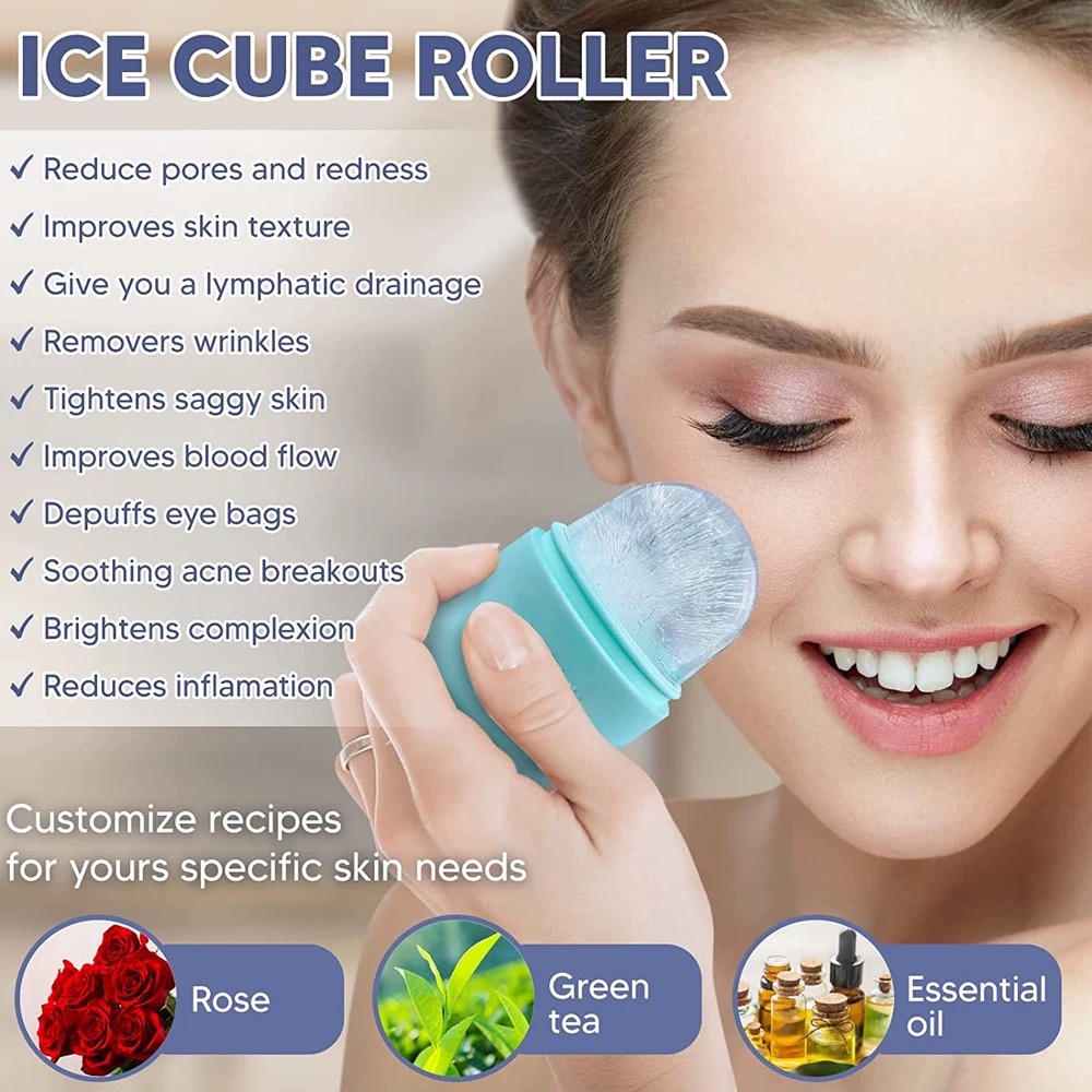 Compresa de hielo de silicona transfronteriza, molde de hielo de rosas, masaje, rejilla de hielo facial, instrumento de belleza, enfriamiento, cuidado facial ice roller