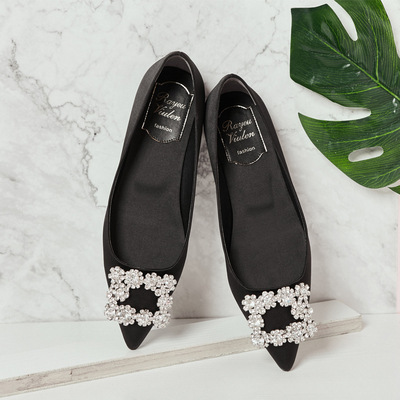 Rhinestone Square Buckle Flat Shoes for Women, 2026 Spring New Style, Silver Shallow Mouth Wedding Shoes, Banquet Pointed Toe Single Shoes