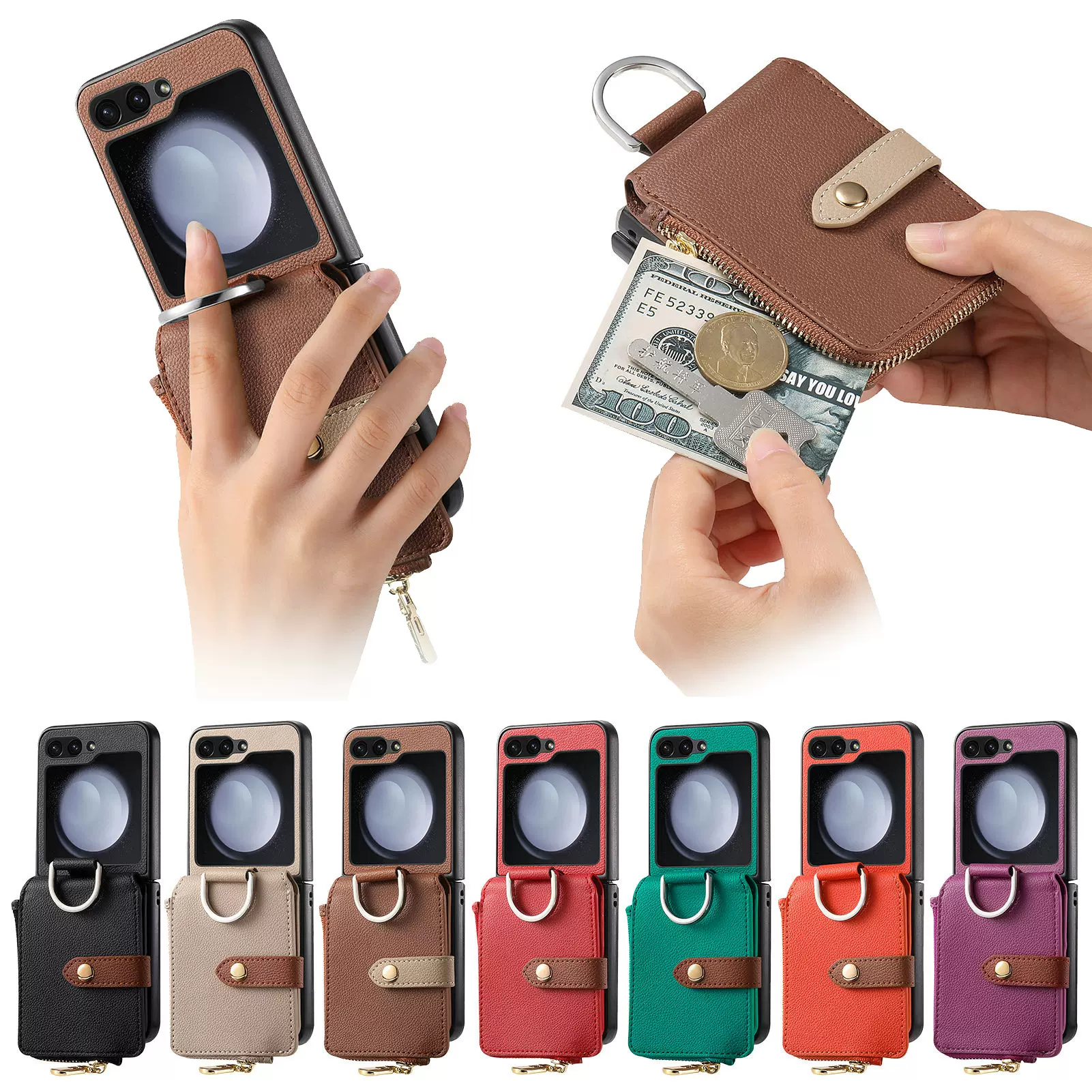 新品适用三星ZFlip7Fe多插卡指环手机壳纯色五金拉链扣flip保护套