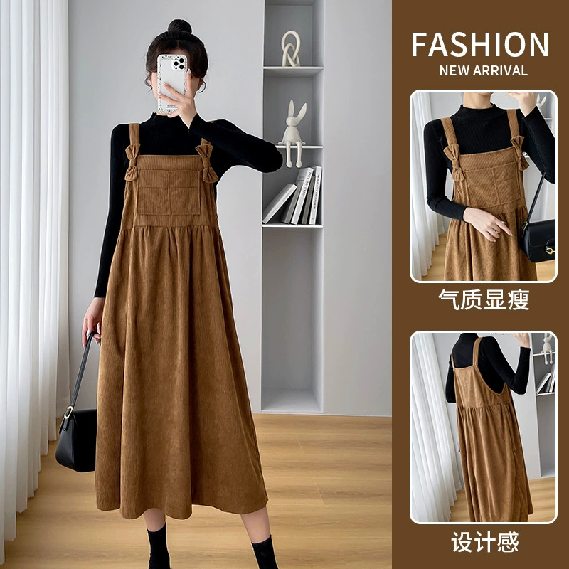 Юбка для беременных, осенняя Новая мода, уменьшающая возраст, свободная Вельветовая юбка на бретелях с бантом для кормления грудью, платье, костюм