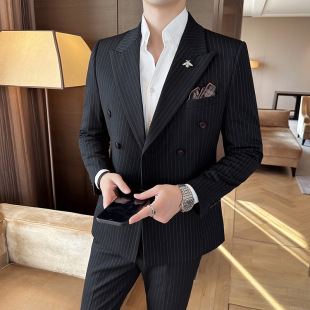 Tiktok Men's Suit Double-Breasted Gun Lapel Set Textured Men's Two-Piece Striped Casual Business Suit