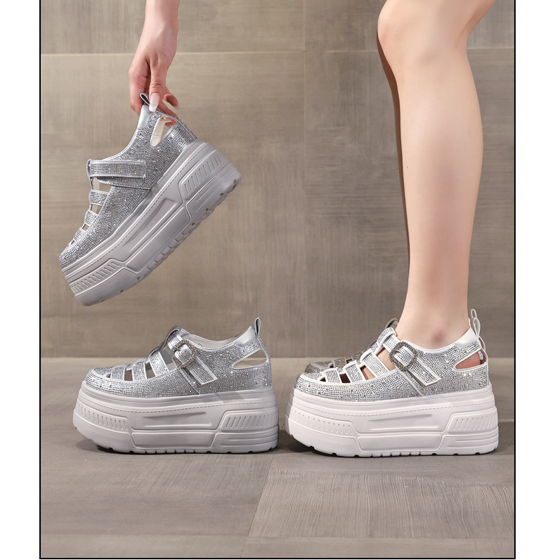 Giày sneaker nữ đế dày tăng chiều cao, phối đá rhinestone, kiểu dáng thể thao trắng tinh — màu trắng chi tiết 17