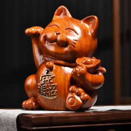 木雕摆件招财猫实木质雕刻家居客厅店铺开业收银台红木头工艺礼品