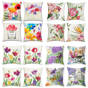 Cross-border Amazon Hot Spring and Summer Painted Flower Linen Pillow Case Pillow Case Home Decorative Sofa Pillow Case