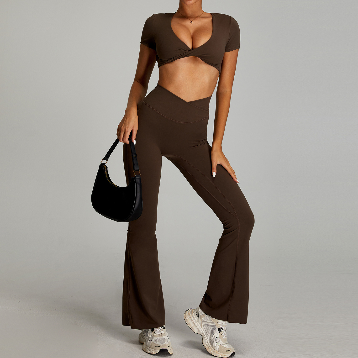 Traje de ropa de yoga desnuda de cintura alta cruzada transfronteriza, ropa de fitness ajustada de secado rápido para mujer, traje de carrera para deportes al aire libre