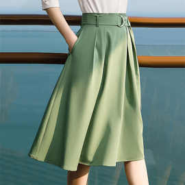 牛油果绿半身裙女中长款2024年新款夏季系带高腰伞裙气质裙子