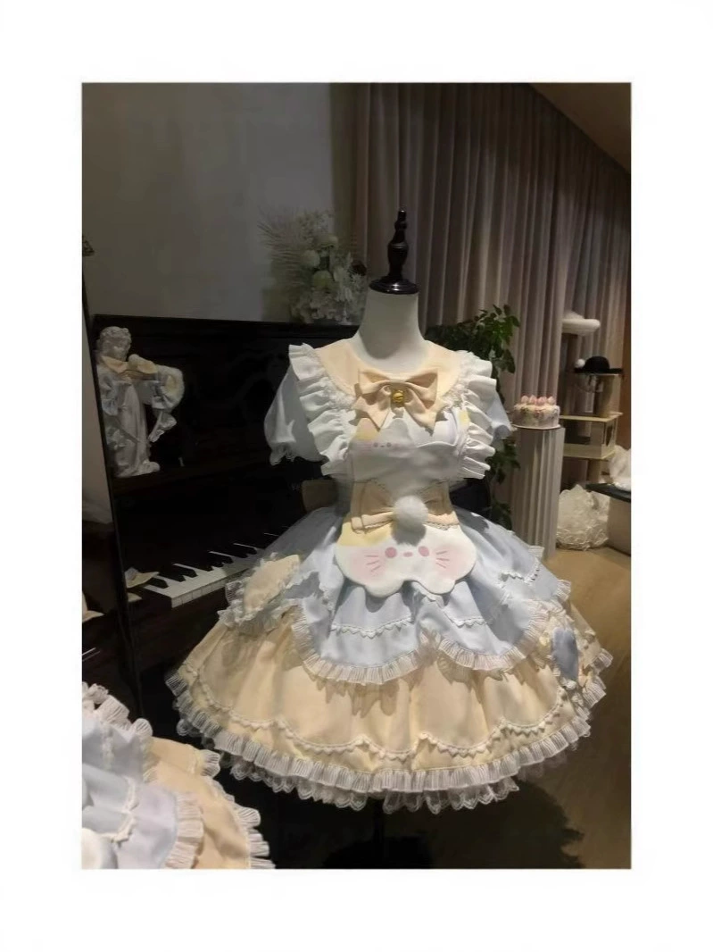 Платье lolita OP, милое свежее с короткими рукавами, пастельные рюши розово-голубое (женское)