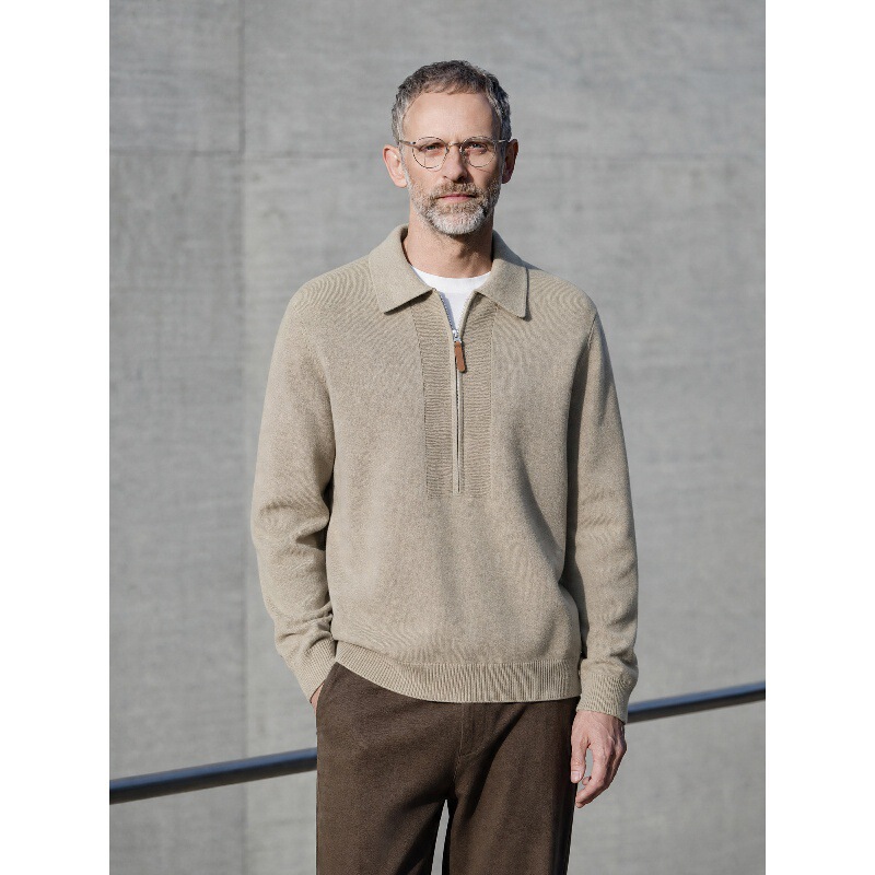 Contains Lyocell and Cashmere】Old Money Style Half-Zip Polo Collar Sweater for Men, Autumn Pullover Knitwear