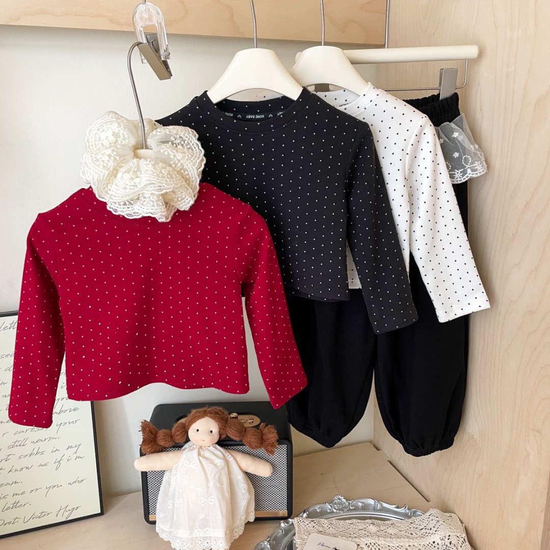 2025秋季新款女童圆点上衣小童蕾丝长裤圆领文艺外穿韩版休闲套装