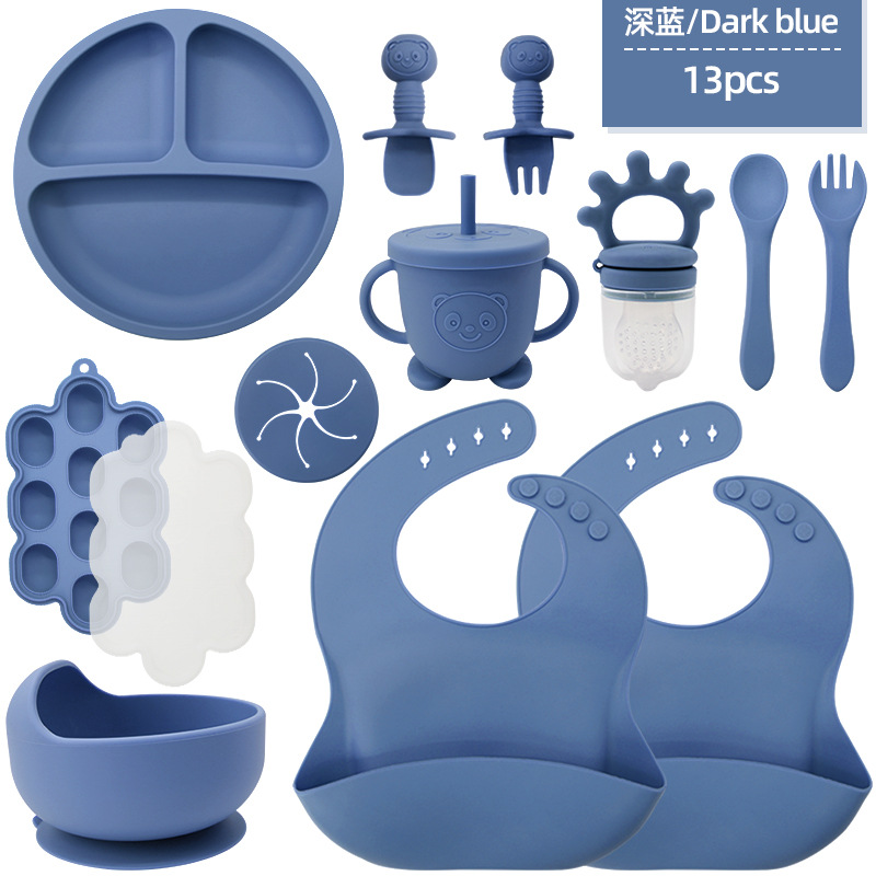 Juego de vajilla de silicona para niños transfronterizos Tazón de comida especial para bebés y niños pequeños Cuchara de silicona de grado alimenticio Juego completo de babero