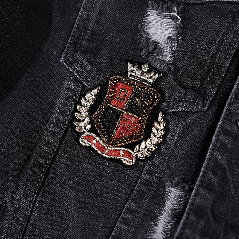 Schwarze Herren Jeansjacke Mit Bestickung Und Biker Design_voghion.com