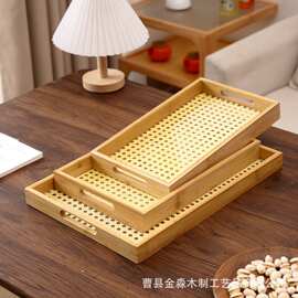 创意仿藤编竹制托盘家用饭店茶具小托盘糕点方形手提茶盘结实实木