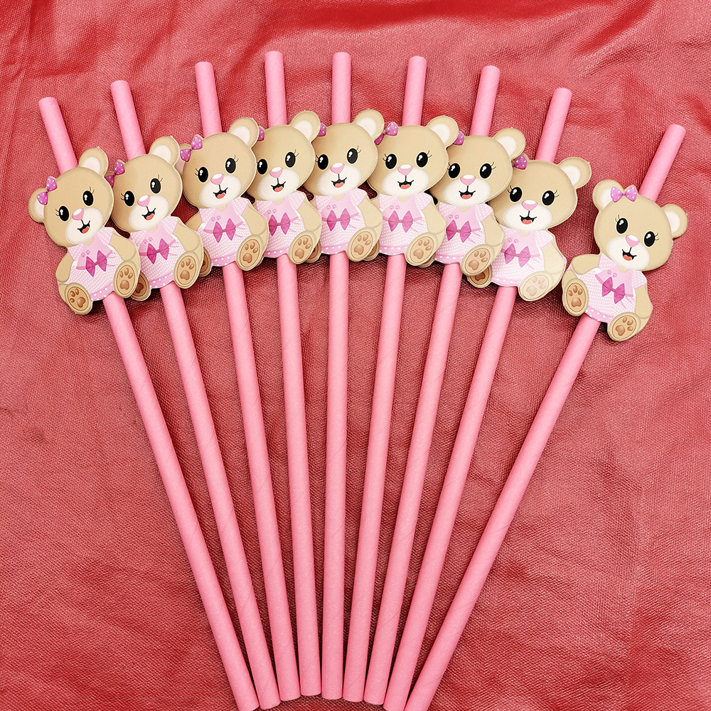 Tarjeta de celebridad en línea paja de papel rosa oso de peluche paja desechable degradable creativo fiesta de dibujos animados paja decorativa