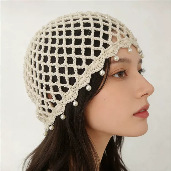 Sequined Elegant Pearl Tassel Headgear for Women, Hollow-Out Bohemian Retro Ethnic Style Woven Pullover Hat