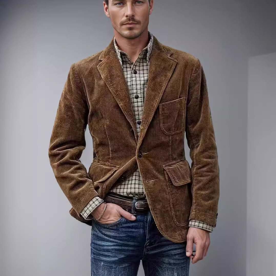 2025 Spring and Autumn Style Foreign Trade Cross-Border European and American Corduroy Single-Breasted Suit Casual Men's Suit Jacket