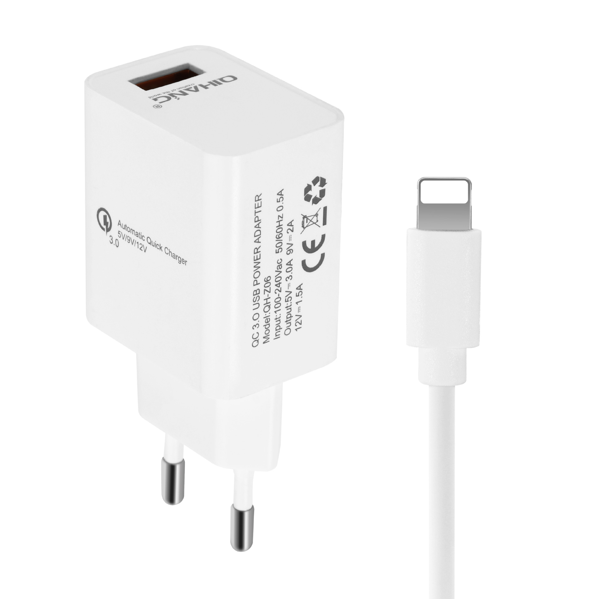 QIHANG适用于安卓苹果欧规QC3.0充电头USB快充单口18W手机充电器