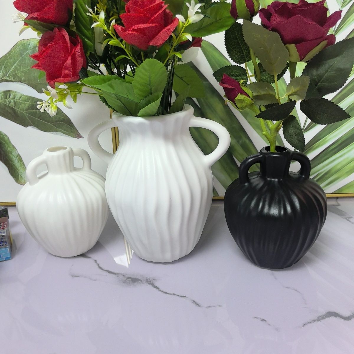 Nordic Modern Double-Eared Imitation Ceramic Flower Vase French Simple Flower Arrangement Hydroponic Home Furnishings B&B Flowers