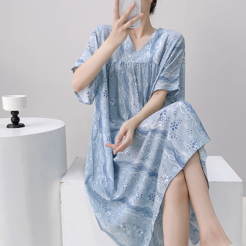 Women's Summer Cotton Silk Nightgown Can Be Worn Outside, Loose Large Size Nightgown, Relaxed Maternity Dress, Middle-Aged and Elderly Mother's Nightgown Dress