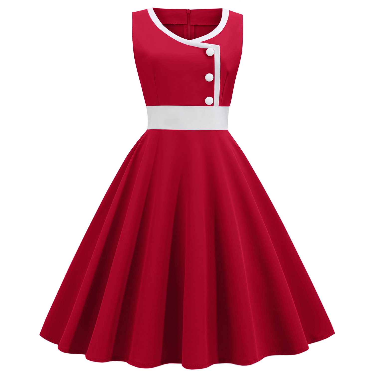  Femmes Hepburn rétro blanc rayure couture fausse simple boutonnage décoratif couleur unie grande jupe_voghion.com