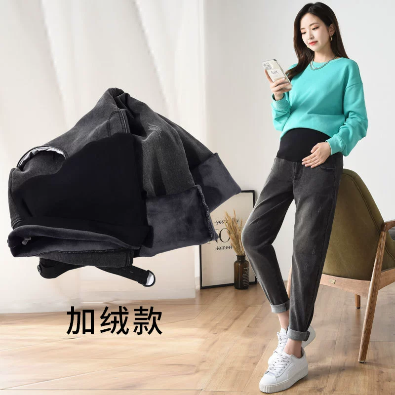 Джинсы для беременных очень больших размеров, весенне-осенне-зимние брюки, повседневные брюки для пап, эластичные маленькие прямые утолщенные на флисовой подкладке