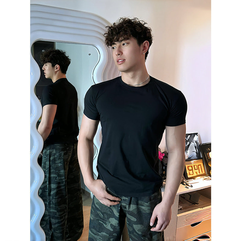 ブラックカフスフィットネス半袖Tシャツメンズ夏タイトウエストハーフスリーブスリムフィット筋トレ服|undefined