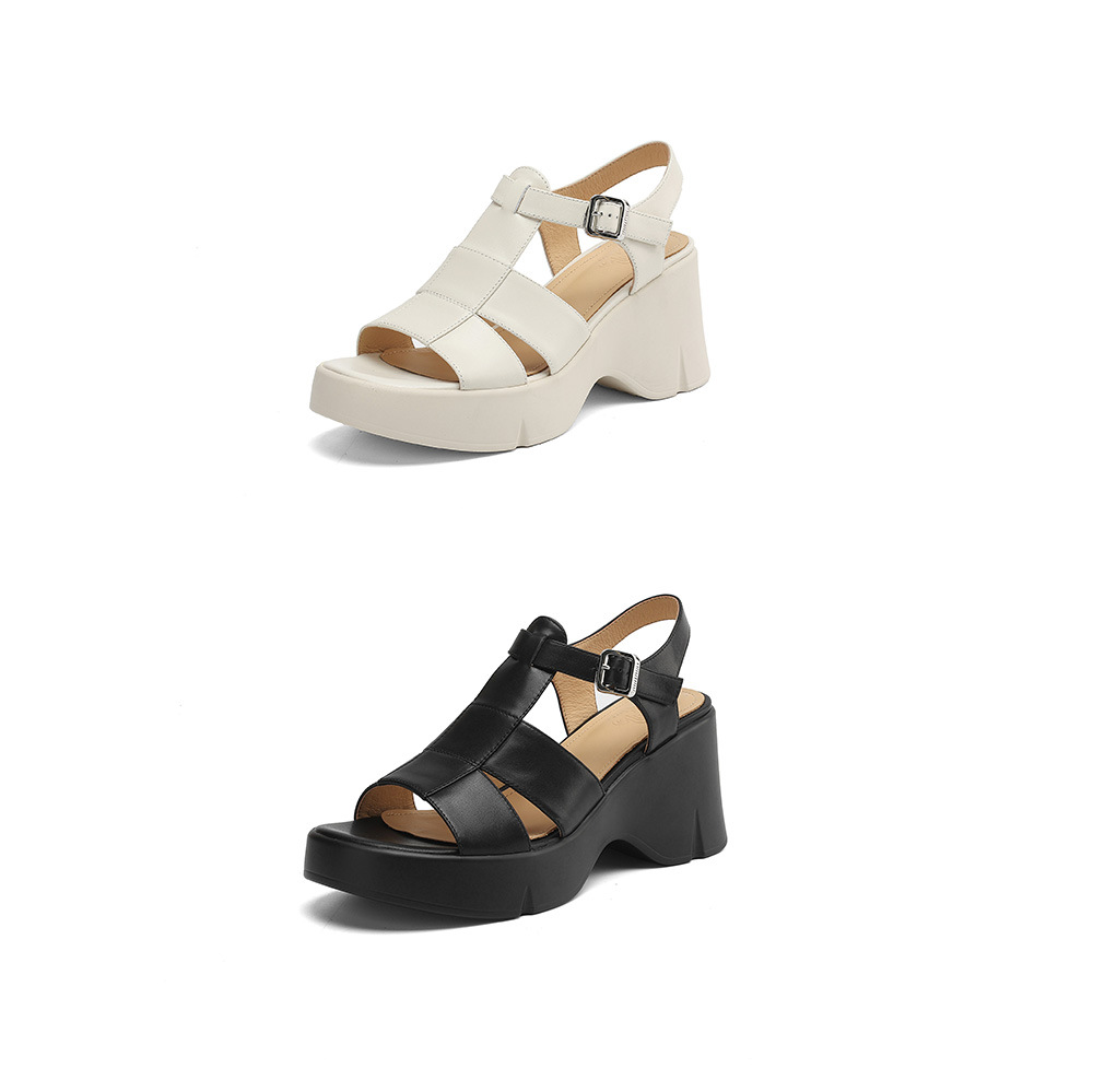 Giày sandal cao gót đế xuồng nữ phong cách La Mã, gót 9 cm, quai rỗng thoáng mát — Màu đen, Màu trắng be chi tiết 20