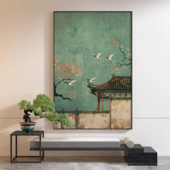 新中国風禅意緑中国風楼閣仙鶴古典客間装飾画玄関壁画縦型掛け画