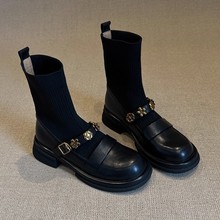 牛皮版厚底金属扣弹力靴短靴复古学院风针织瘦瘦靴女百搭乐福袜靴