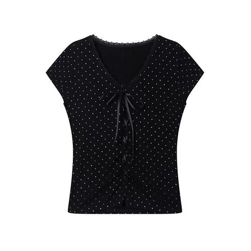 French print polka dots slim slimming black T-shirt spliced lace small short sleeve V-neck summer new style