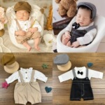 新生儿摄影服装道具贝雷帽娃衣拉布布婴儿拍照服3件套连体衣走秀