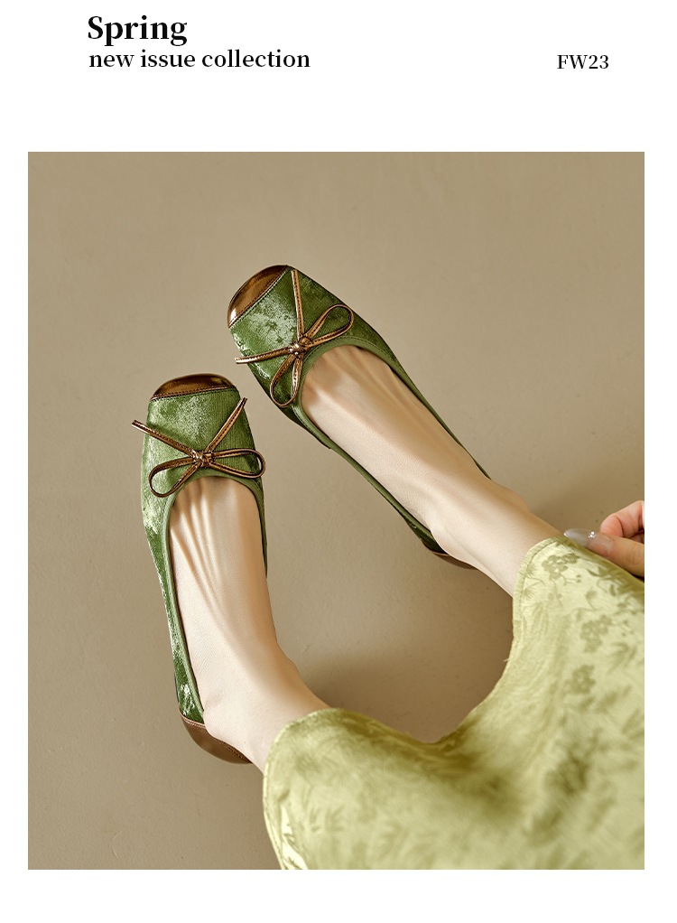 Giày ballet nữ mũi tròn da bò gót thấp nơ phối màu kiểu Trung Quốc mới — Màu nâu chi tiết 10