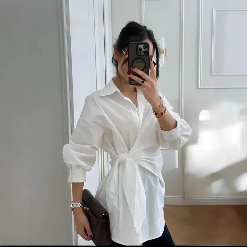 European and American Cross-Border Elegant Design Lapel Single-Breasted Strap Waist Slimming Long-Sleeved Shirt Top Russia