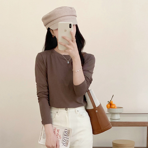 Ladies' Innerwear Crewneck Top for Autumn/Winter Outerwear, Stretchy Long-Sleeve Slimming Long Crewneck Fleece Base Layer Top