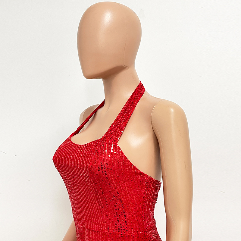 Cocktailjurk voor dames met split pailletten en halterstijl_voghion.com