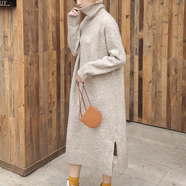 European and American Pure Color Autumn and Winter New Simple Style Knitwear Long Fashion Turtleneck Knitwear Loose Knee-Length Dress