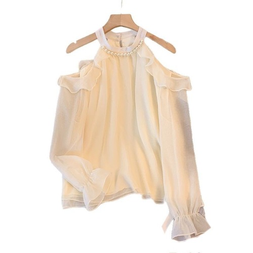 Spring and Autumn New French Elegant Pure Desire Shoulder-Strap Slimming Blouse Japanese Fresh Sweet Long-Sleeve T-Shirt Top for Women