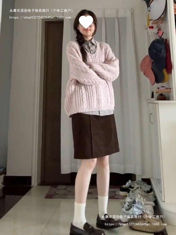 秋冬甜美休闲粉色领针织毛衣叠穿领格子长袖衬衫上衣一整套森系|undefined