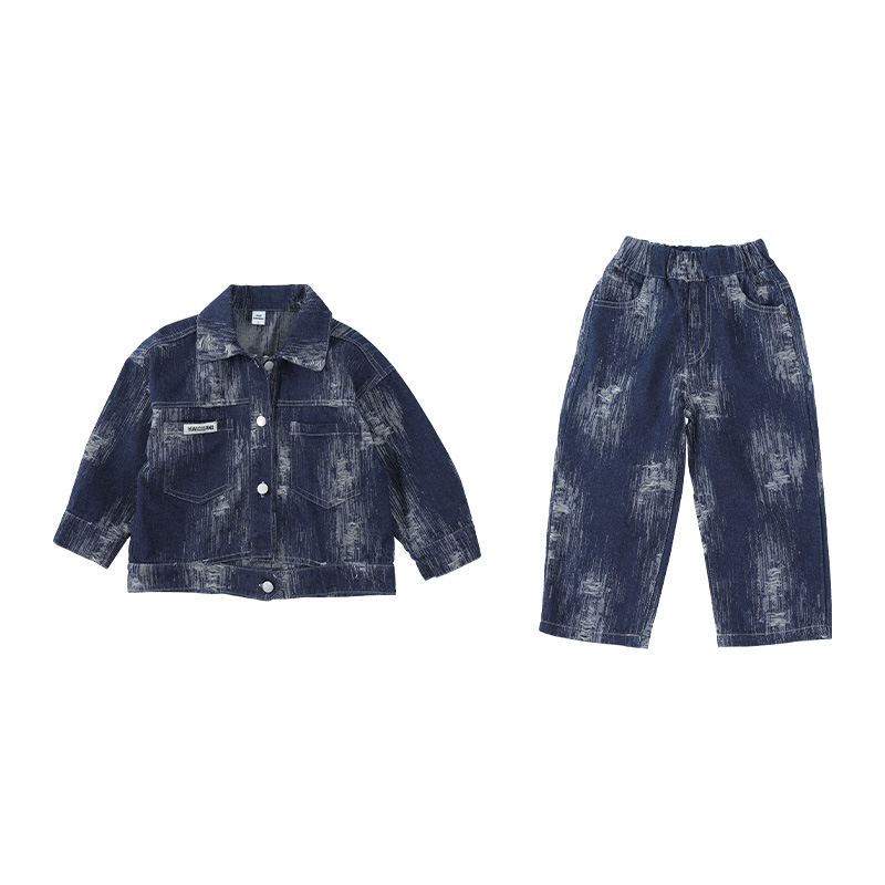 Schönes zweiteiliges Jungen-Set aus gebrochenem Loch-Jacquard-Denim für Frühling und Herbst für Mittel- und Klein_voghion.com