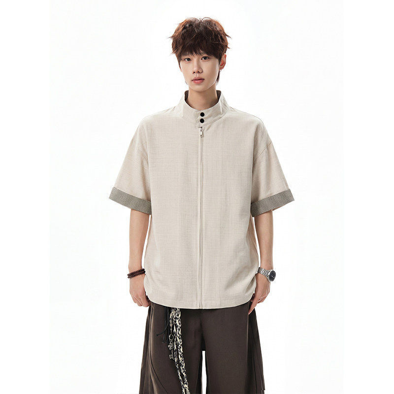 Old Money Style Patchwork Zipper Shirt Custom Printed Logo Graphic Workwear Stand Collar Short Sleeve Shirt Photography Team Uniform Old Money Style Patchwork Zipper Shirt Custom Printed Logo Graphic Workwear Stand Collar Short Sleeve Shirt Photography Team Uniform
