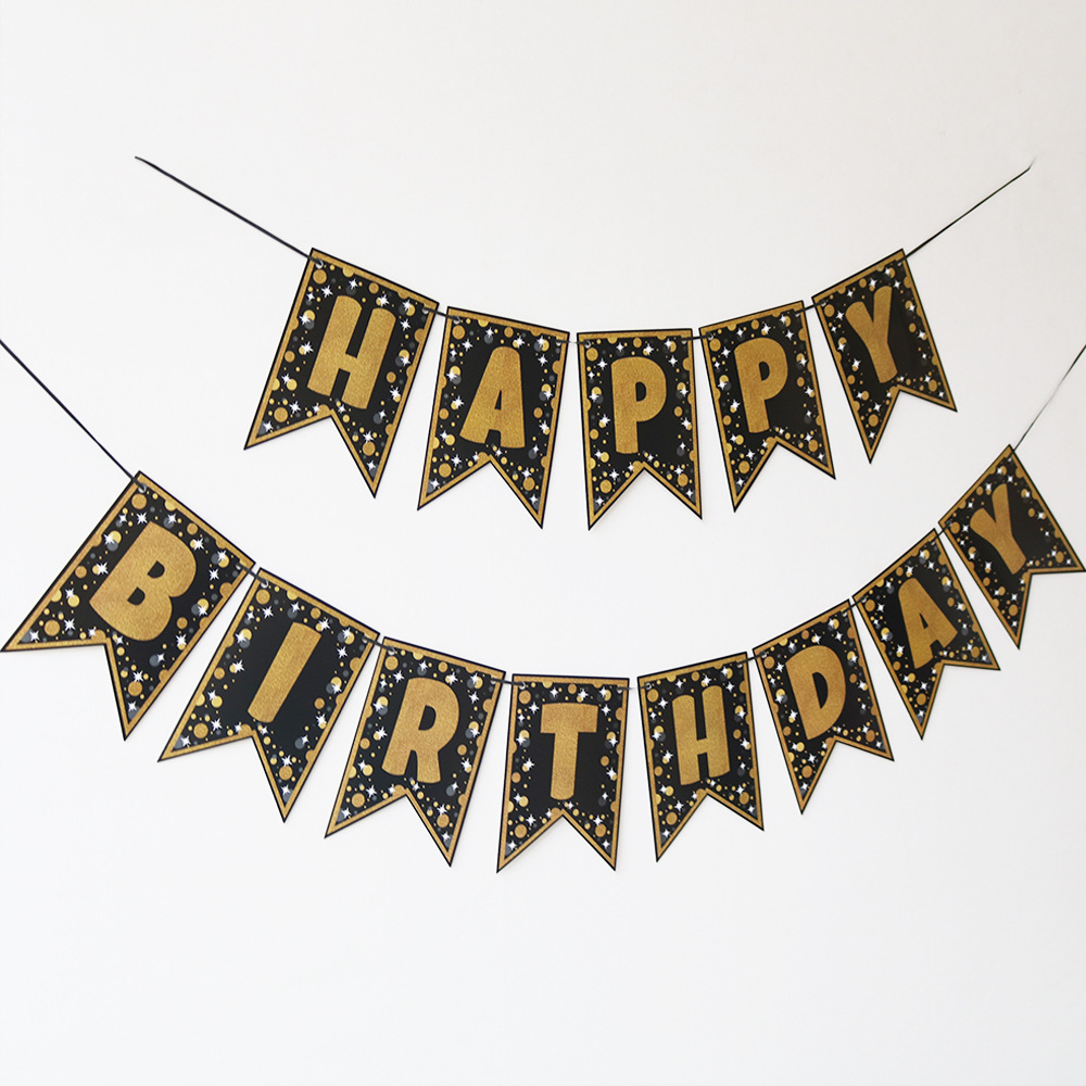 Bandera de cola de pez de cumpleaños con estampado pequeño en negro y dorado