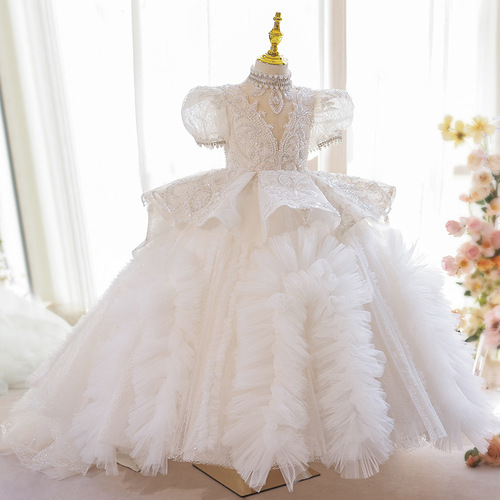 Children's Summer High-End White Flower Girl Dress with Train for Fashion Show, Host Child Princess Dress